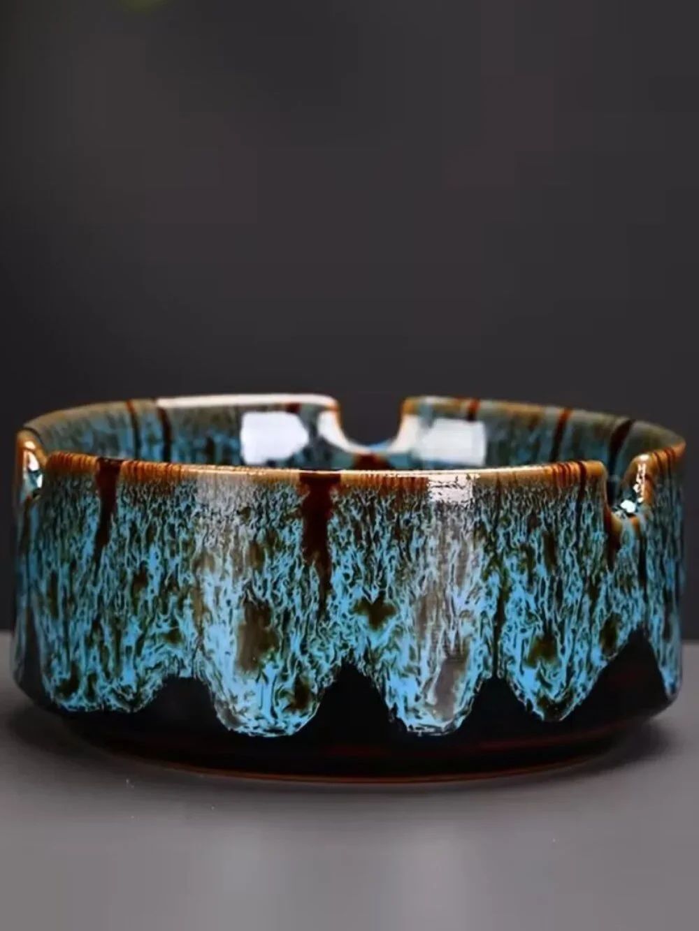 Blue and Brown Round Ceramic Ashtray 3.5"w x 1.5"h
